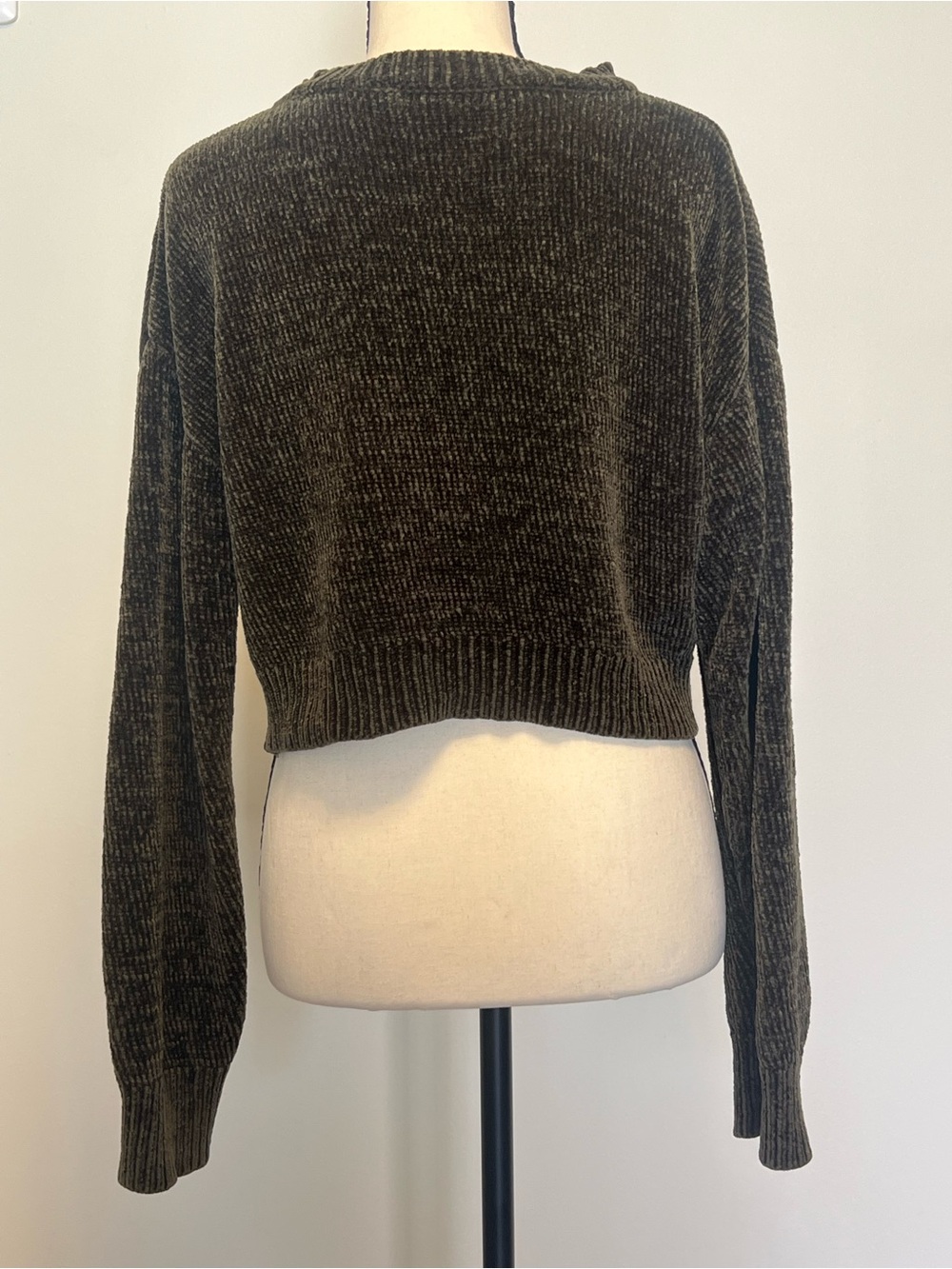 Cropped Chenille Crewneck Sweater in Olive - Picture 2 of 7